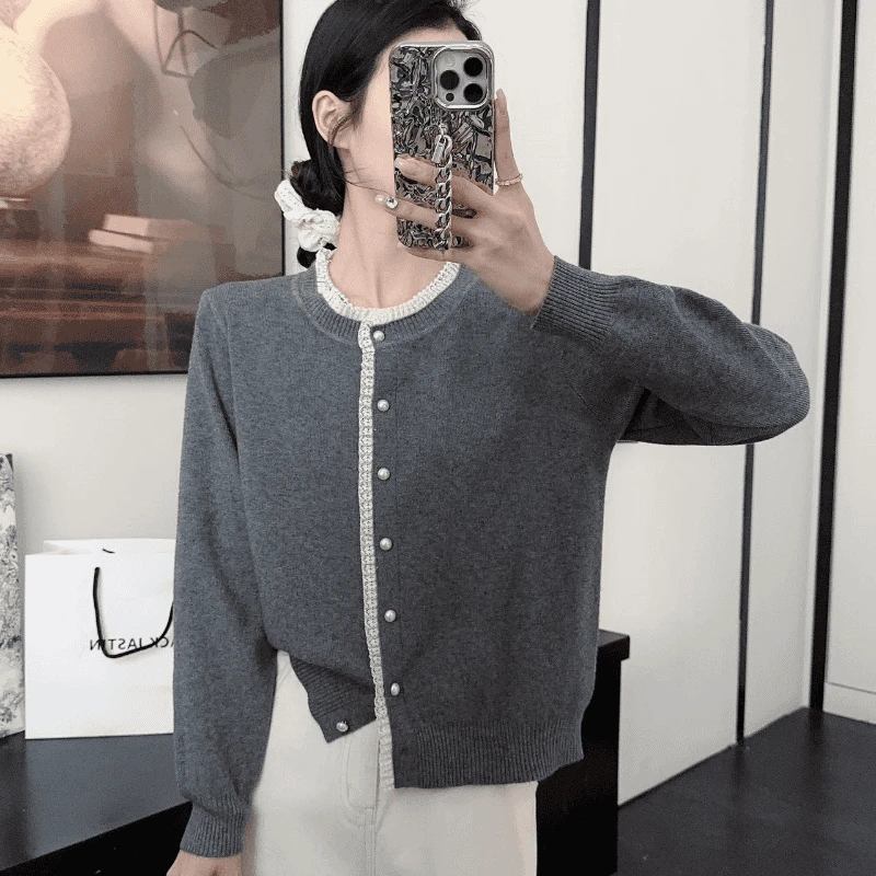 圆领小香风蕾丝花边针织开衫毛衣外套洋气春短款女装针织衫外搭