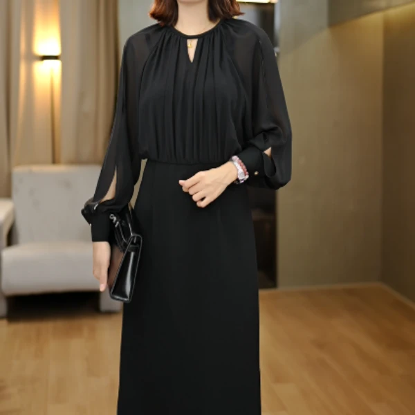 【南油虹姐】新款设计拼接显瘦气质长袖轻奢时尚法式收腰连衣裙