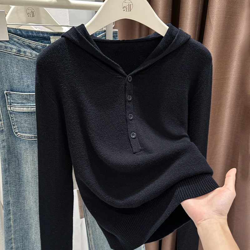 2025秋冬新款外穿黑色套头上衣女软糯弹力针织衫连帽长袖毛衣小衫
