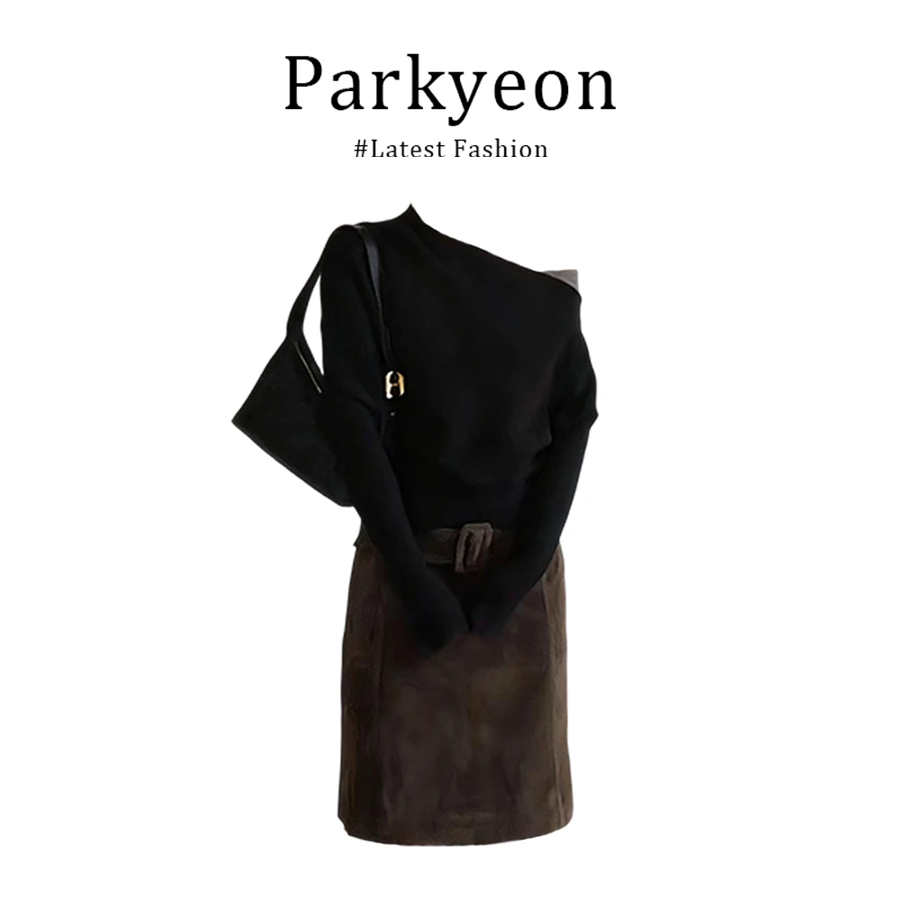 INSCEC老钱风撞色拼接露肩毛衣秋冬针织衫高级感A字半身裙两件套