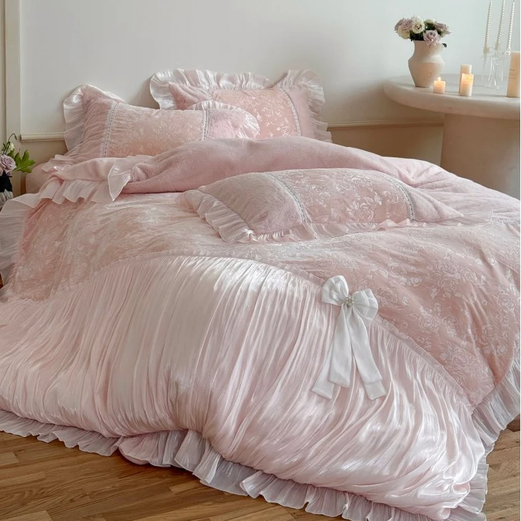法式提花牛奶绒四件套公主风加厚蝴蝶结被套珊瑚绒冬季高级感床单