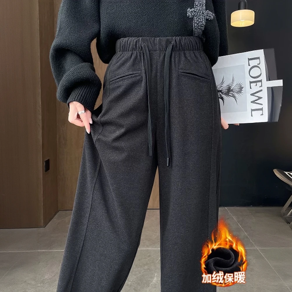 窄版阔腿裤女加绒加厚毛呢香蕉裤子保暖冬款直筒休闲九分运动卫裤