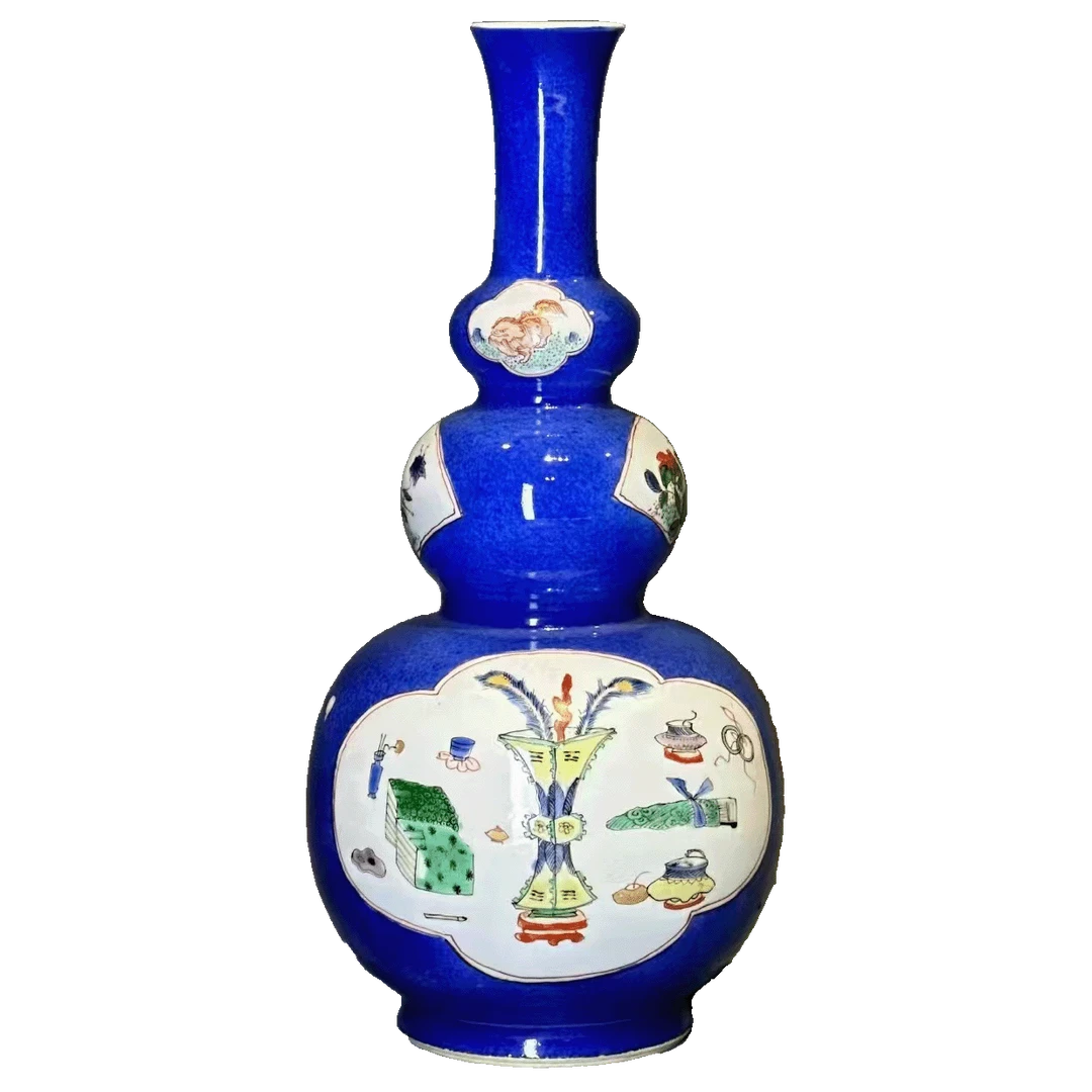 25081026y蓝釉五彩博古花卉纹葫芦瓶