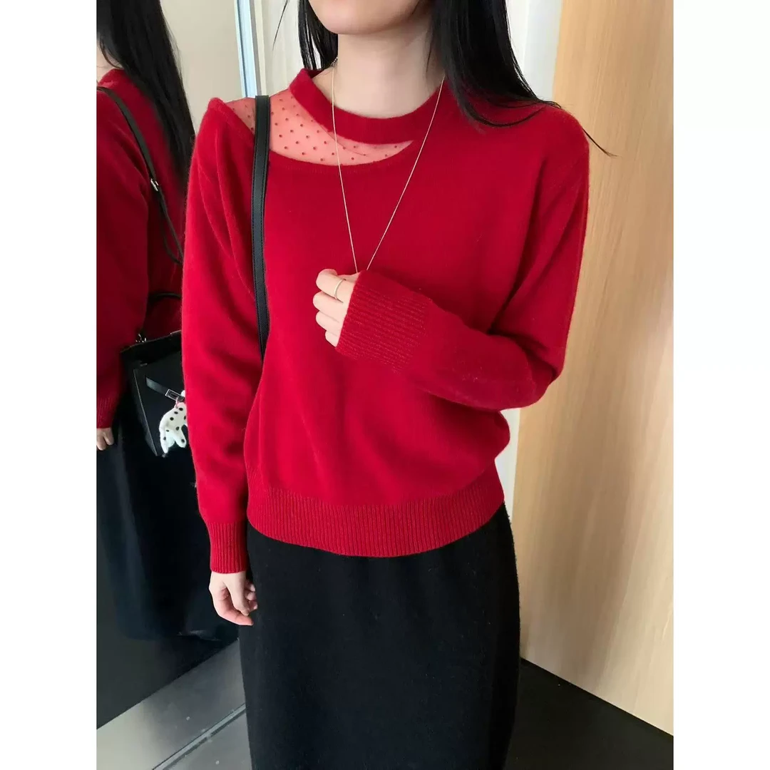 波点网纱拼接圆领针织衫长袖秋冬胖mm显瘦内搭打底衫上衣