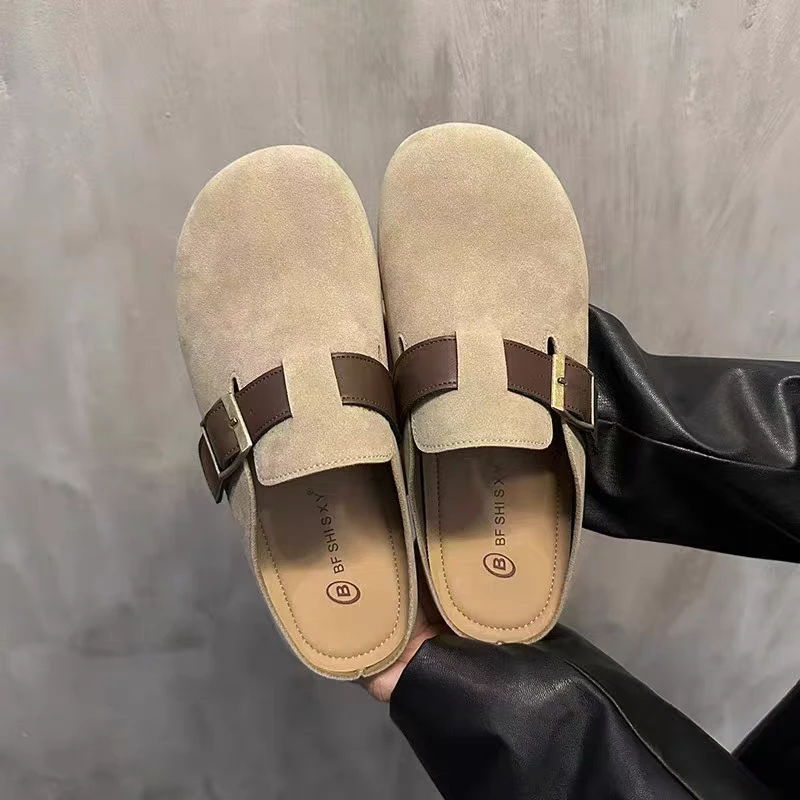 2025新款一脚蹬软底真皮勃肯鞋半包复古包头拖鞋外穿厚底夏季软底