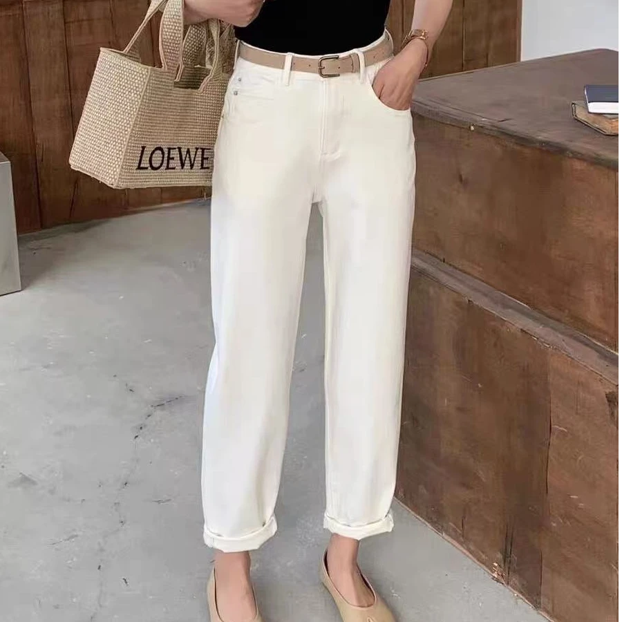 952白色哈伦牛仔裤女冬季加绒韩版百搭高腰显瘦直筒九分老爹裤潮