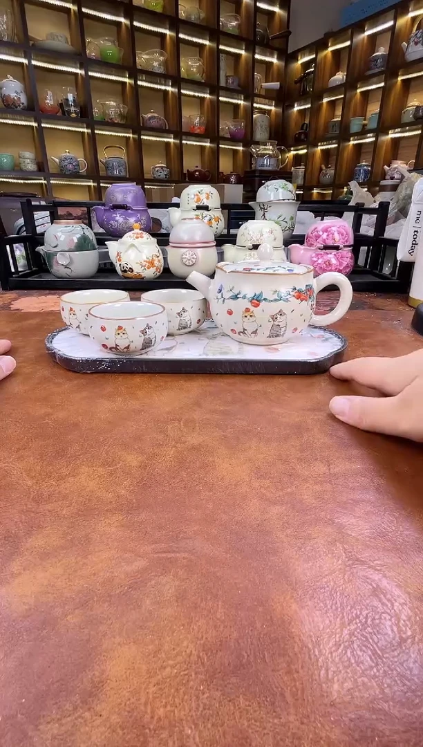 瓷片猫咪花口壶1壶3杯+猫咪盘