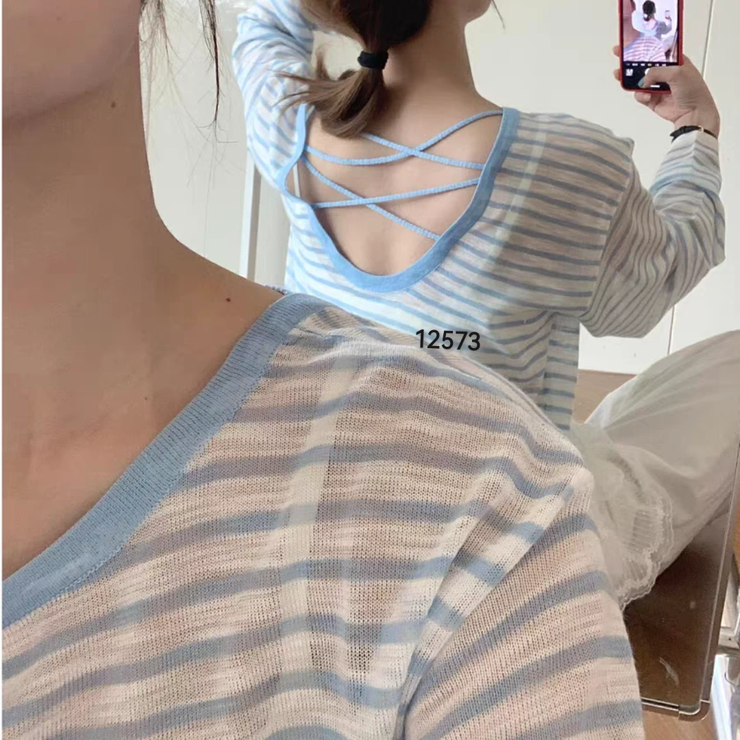 12573（部分无水洗唛，介意慎拍）CHUXUN刺绣后背大U领交叉条纹长袖