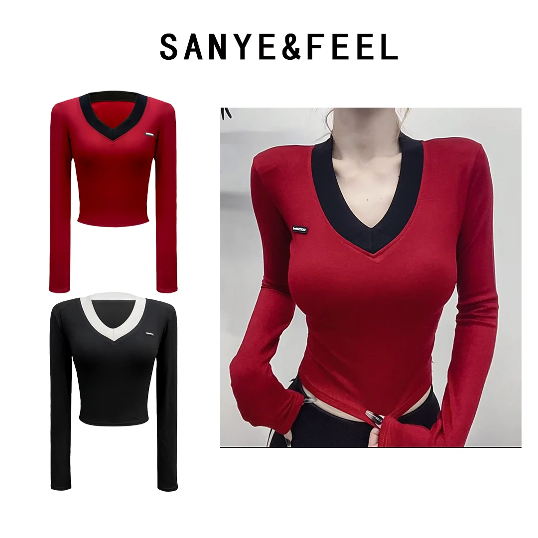 sanye&feel/妍三也【高智淡感】秋季假两件拼接打底修身上衣53050YX
