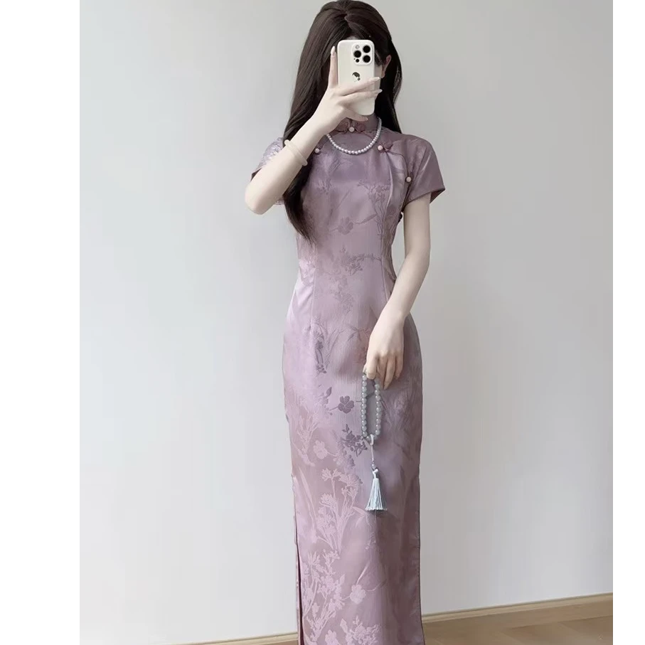 【C143经典】新中式2025夏新款紫色暗纹提花改良版显瘦旗袍连衣裙