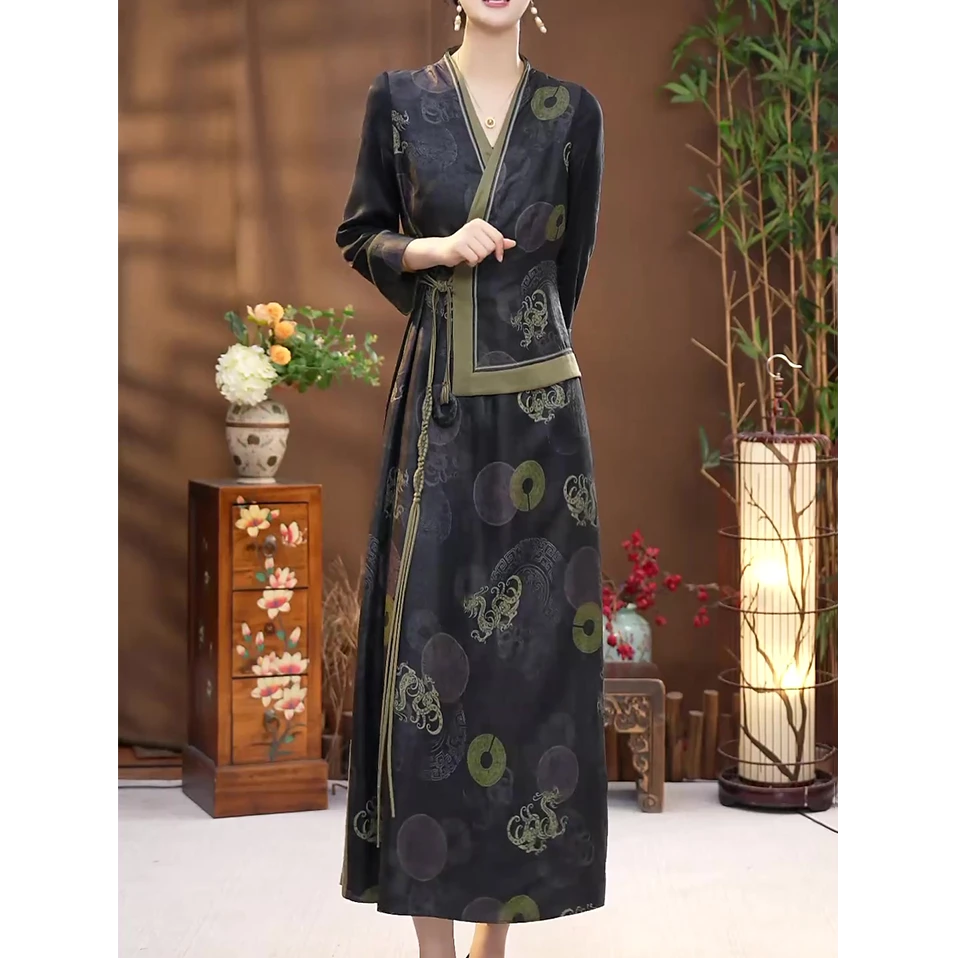 新中式复古改良假两件旗袍连衣裙2025秋装新款文艺范国风高贵长裙
