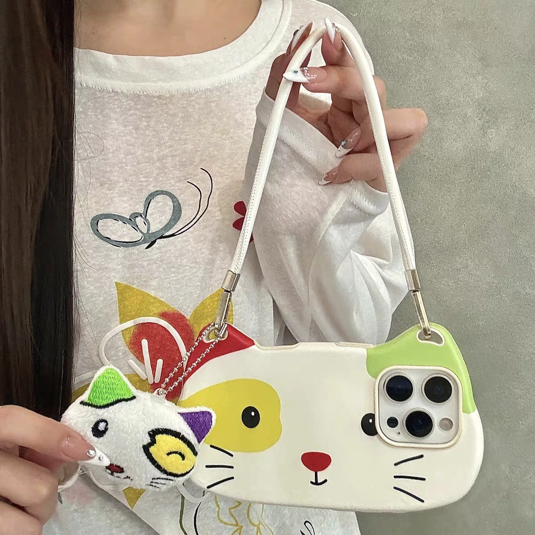 苹果|卡通小怪猫咪手提包包猫耳朵适用iPhone16可爱创意ins手机壳