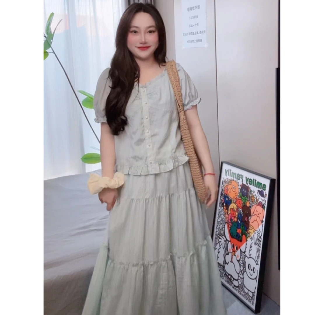 FRVXO 夏季薄荷蓝套装甜美花边法式上衣蕾丝半身裙两件套