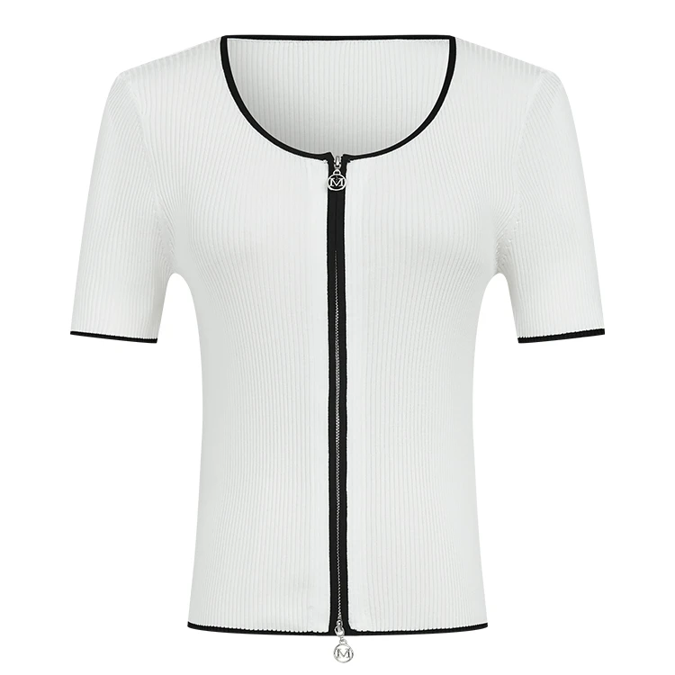 【曼德诗】曼德诗撞色针织T恤新款冰感丝显瘦条纹开衫M731109969