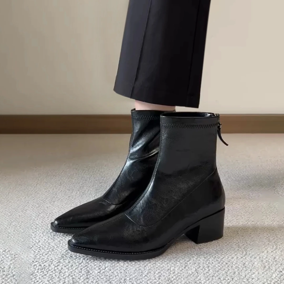 牛皮版~法式复古时尚尖头短靴女秋冬通勤粗跟弹力瘦瘦靴切尔西靴