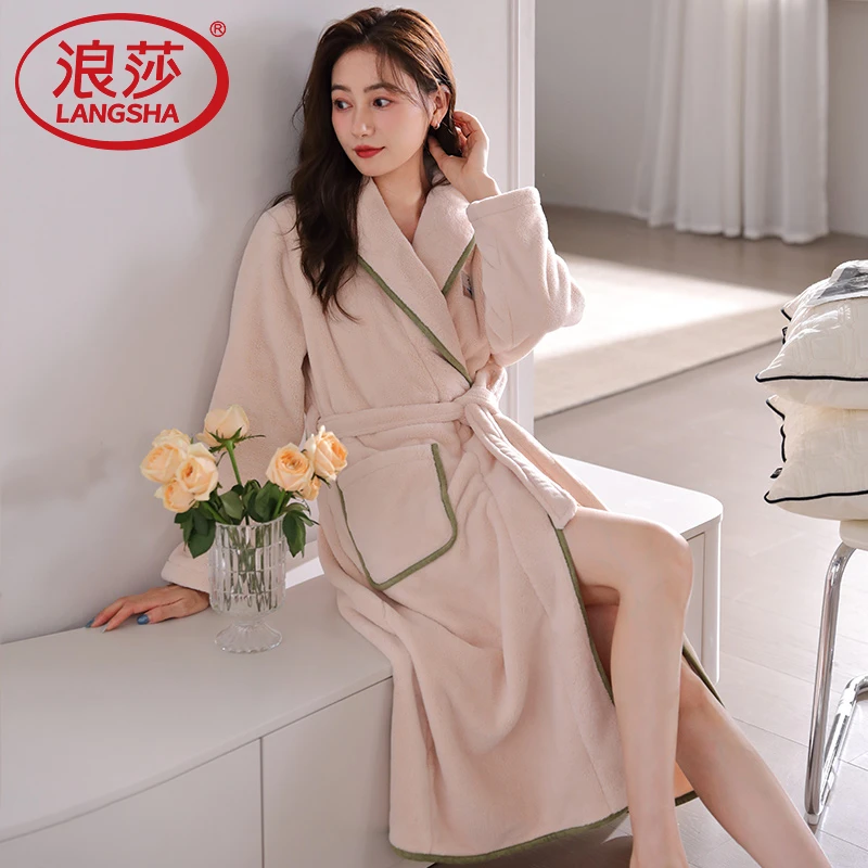 浪莎睡衣女款冬季法兰绒加厚加绒长袖宽松睡袍珊瑚绒保暖休闲浴袍