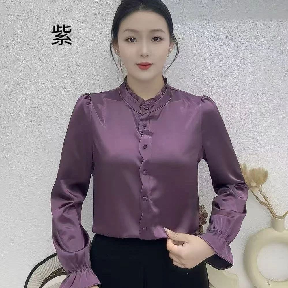 立领优雅设计长袖女衬衫~2025春季新款光泽面料显瘦洋气时尚2509#