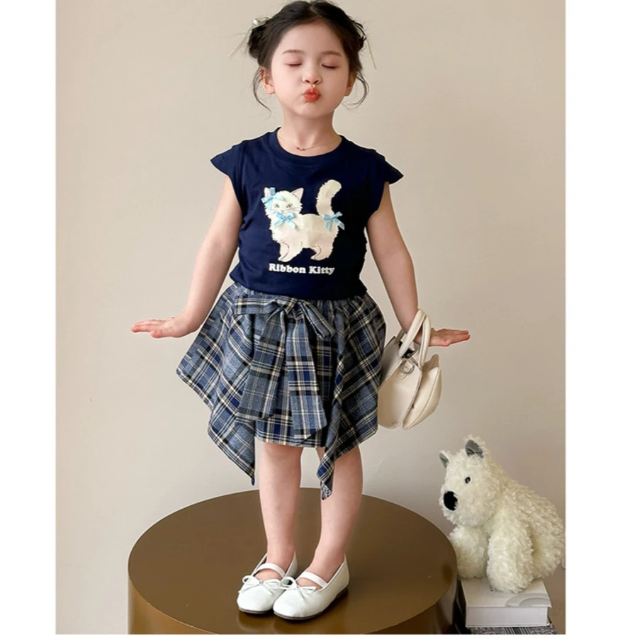 女童2025小猫短袖不规则短裙套装2025夏季新款儿童夏装童时髦休闲