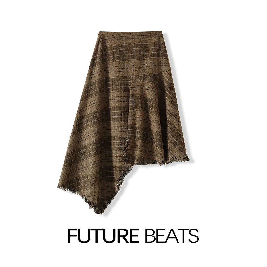 FUTURE BEATS复古格纹不规则设计斜边中长裙半身裙SZYY9608