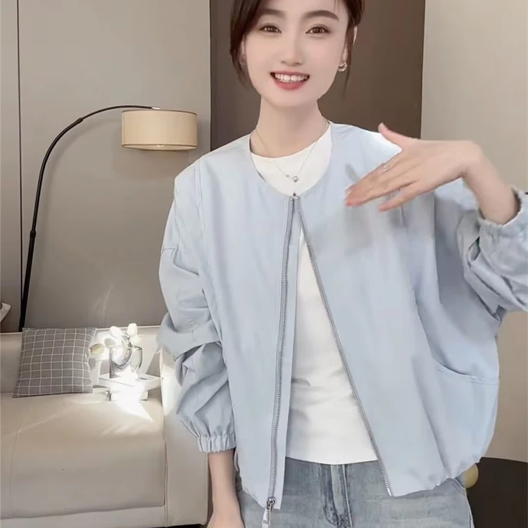 韩版简约圆领纯色短外套女2025春季新款休闲宽松百搭小个子夹克衫