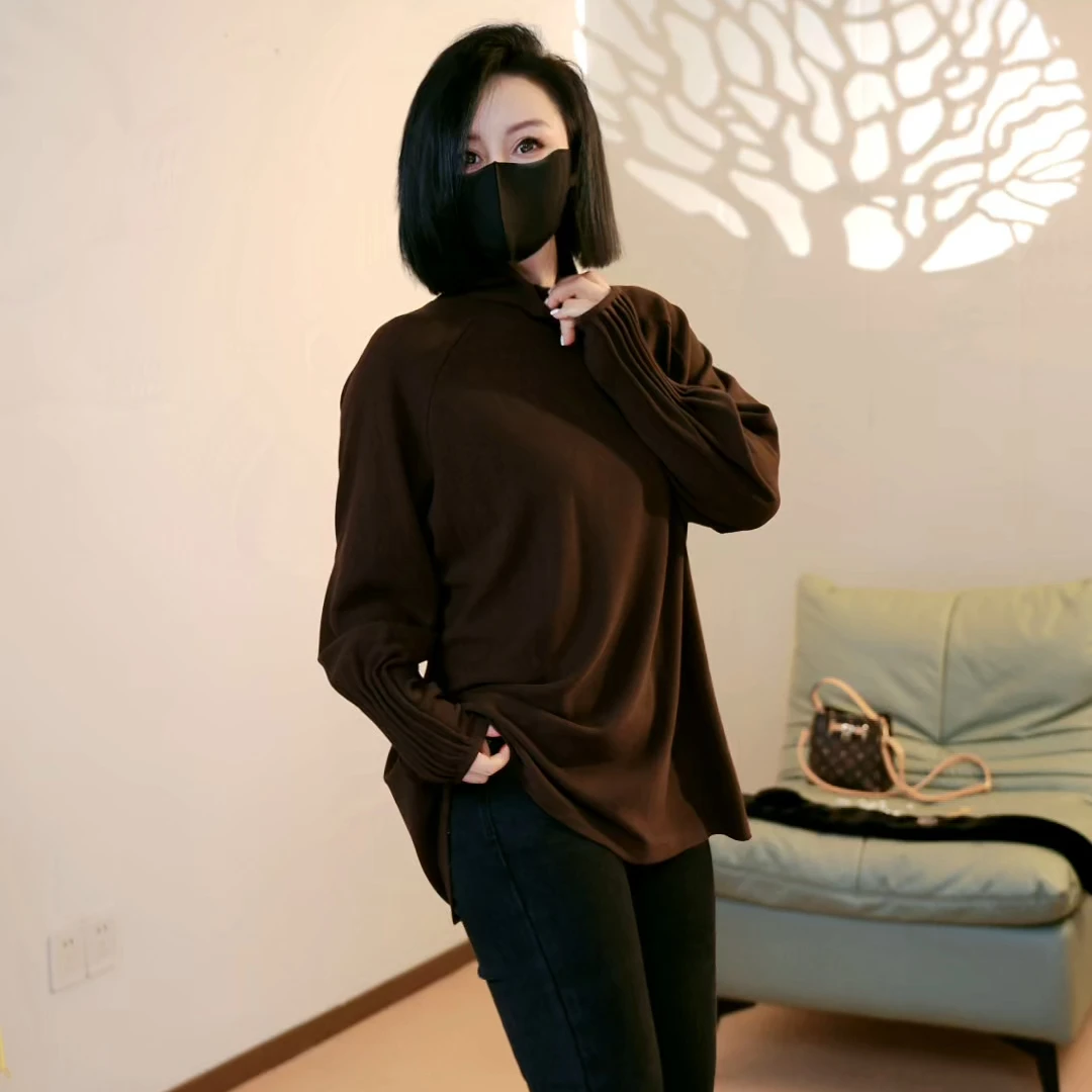 涵掌柜秋冬加绒加厚澳绒假两件打底衫高领宽松遮肉显瘦时尚穿搭