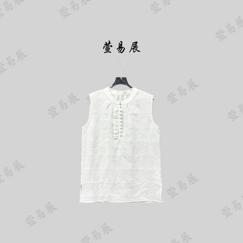 萱易展-”芳华“100亚麻清凉透气手工钉扣肌理感无袖上衣-LQ1216