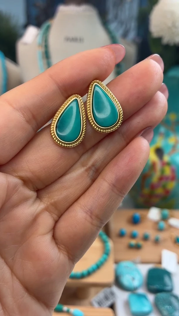 银S925镀金镶嵌绿松石耳饰1