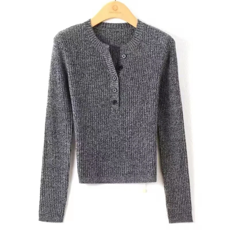 迈4】慵懒风剪刀领针织衫女春季新款修身打底衫