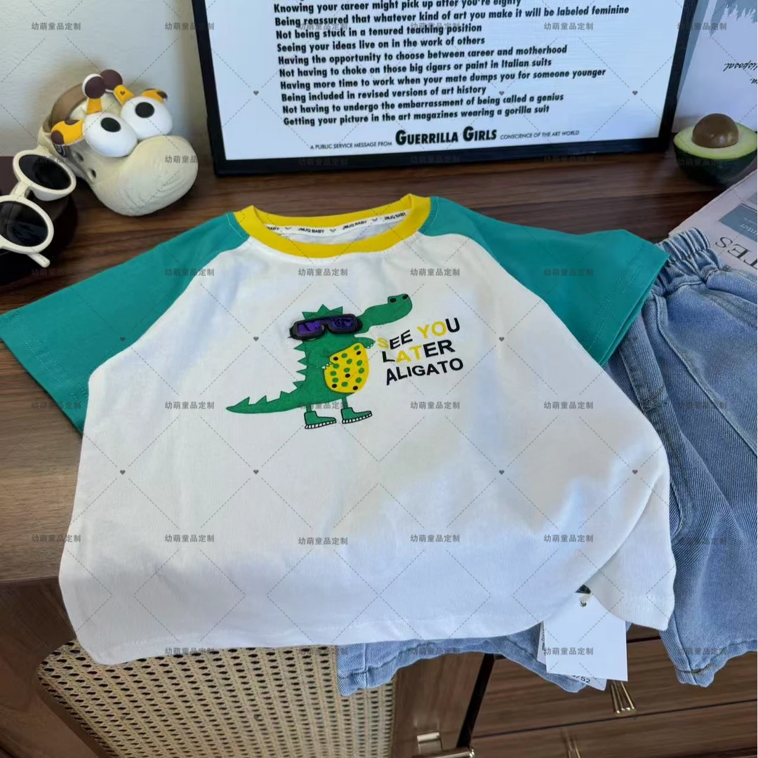 YM【绿色系 20182】夏季儿童趣味短袖小鳄鱼戴眼镜插肩袖上衣短袖
