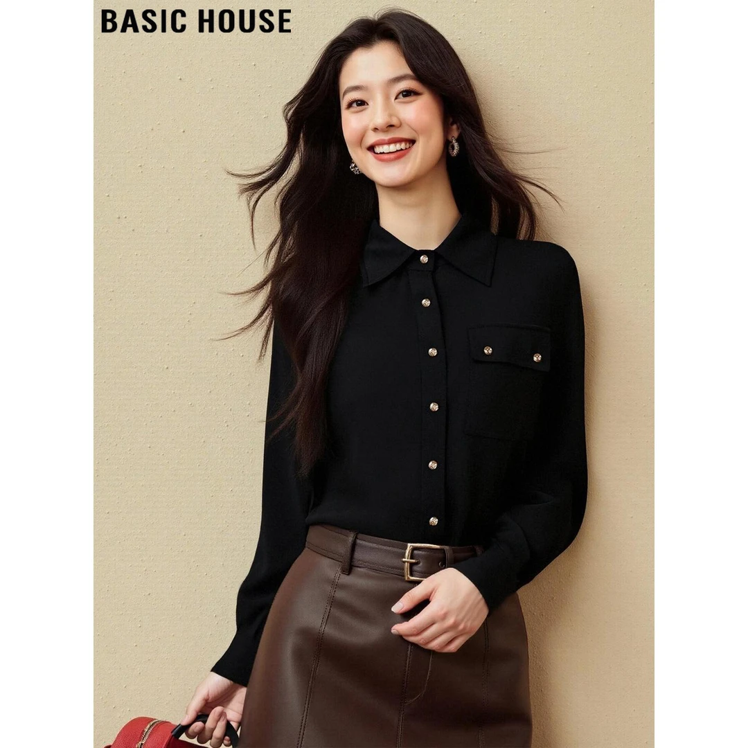 Basic House/百家好法式通勤缎面长袖衬衫女2025冬季翻领叠穿衬衣