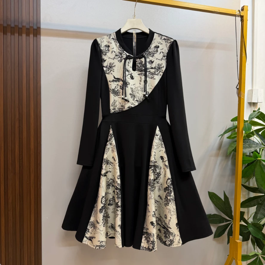 秋冬新款时尚气质国风拼接系带收腰复古优雅显瘦大码连衣裙