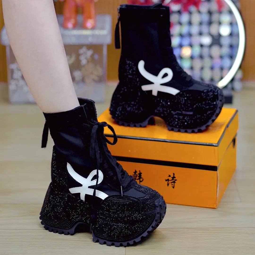 9cm满钻高帮厚底老爹鞋女2025秋季新款百搭后拉链增高休闲鞋