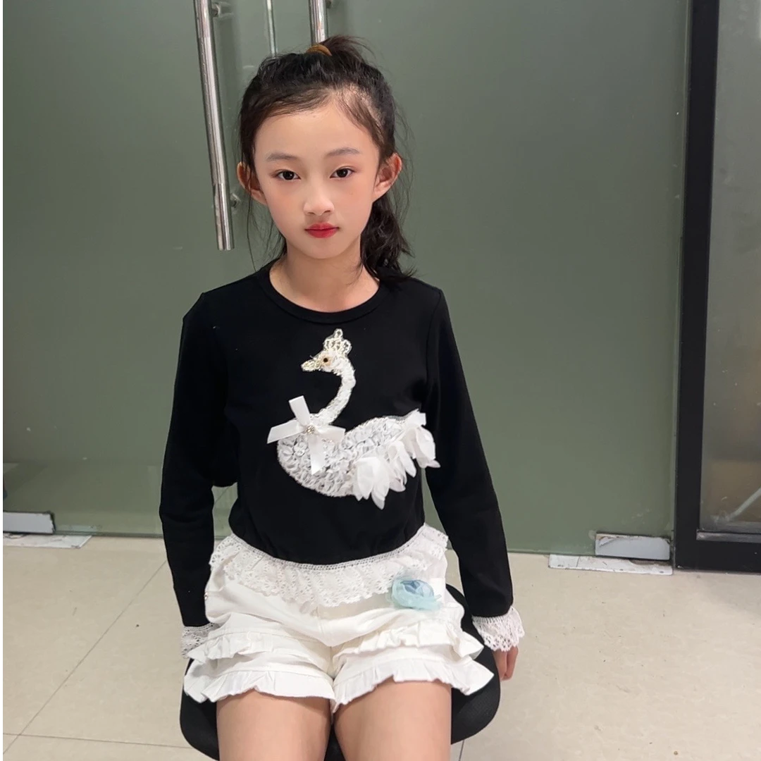 【关店清仓】女童长袖T恤2025春夏新款蕾丝小天鹅时尚洋气打底衫