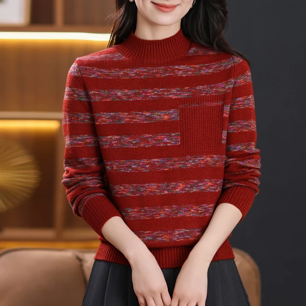 条纹长袖冬季毛针织衫时尚针织衫秋冬加厚衫半高领上衣红色本命年