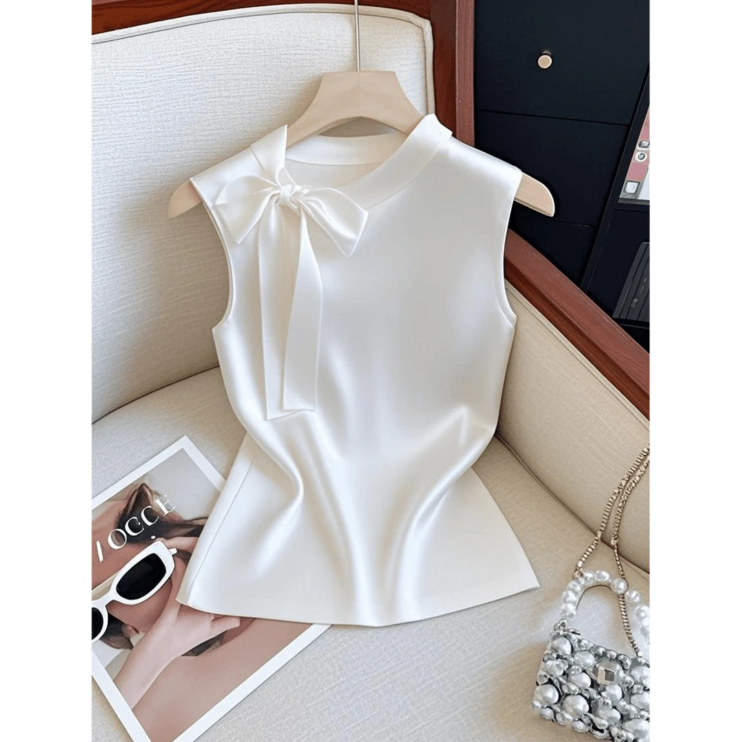 2025夏季新款法式chic精致时尚气质设计感蝴蝶结无袖上衣T恤女装
