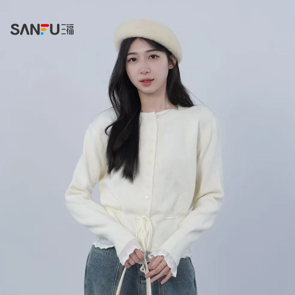 三福 冬季INS风毛针织衫女针织长袖拼接INS风显瘦百搭514065