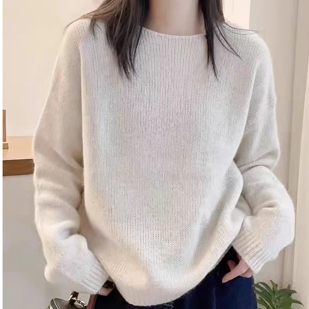 韩版女士全羊毛衫甄选澳洲羊毛落肩袖圆领针织衫百搭慵懒风打底衫