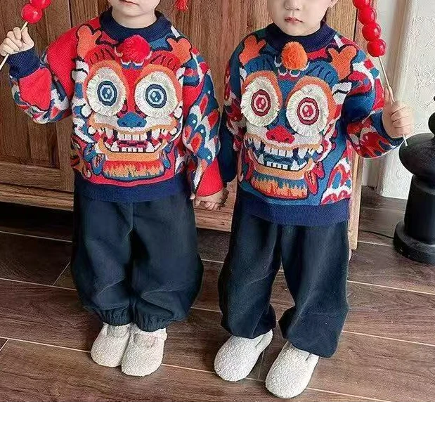 儿童冬季新款百搭圆领套头新年毛衣H1987