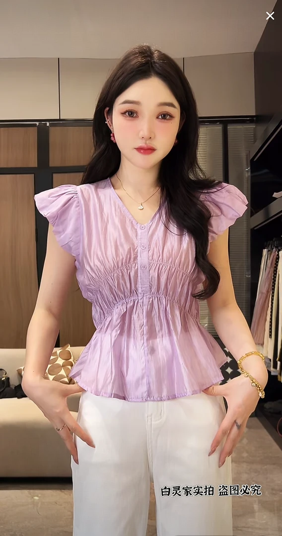 5（3956）设计感显瘦气质短袖2025夏季韩版收腰V领小衫