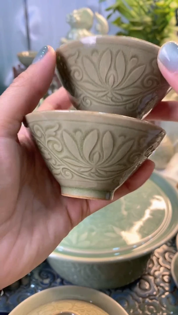 耀州窑片儿白TS036【莲纹】斗笠 两个 特价处理