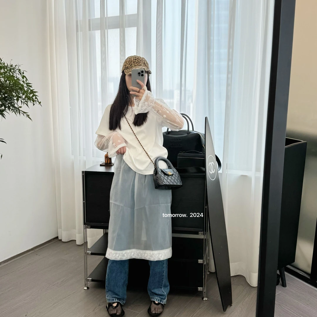 蕾丝网纱半身裙女2025夏季宽松休闲显瘦高腰法式半裙