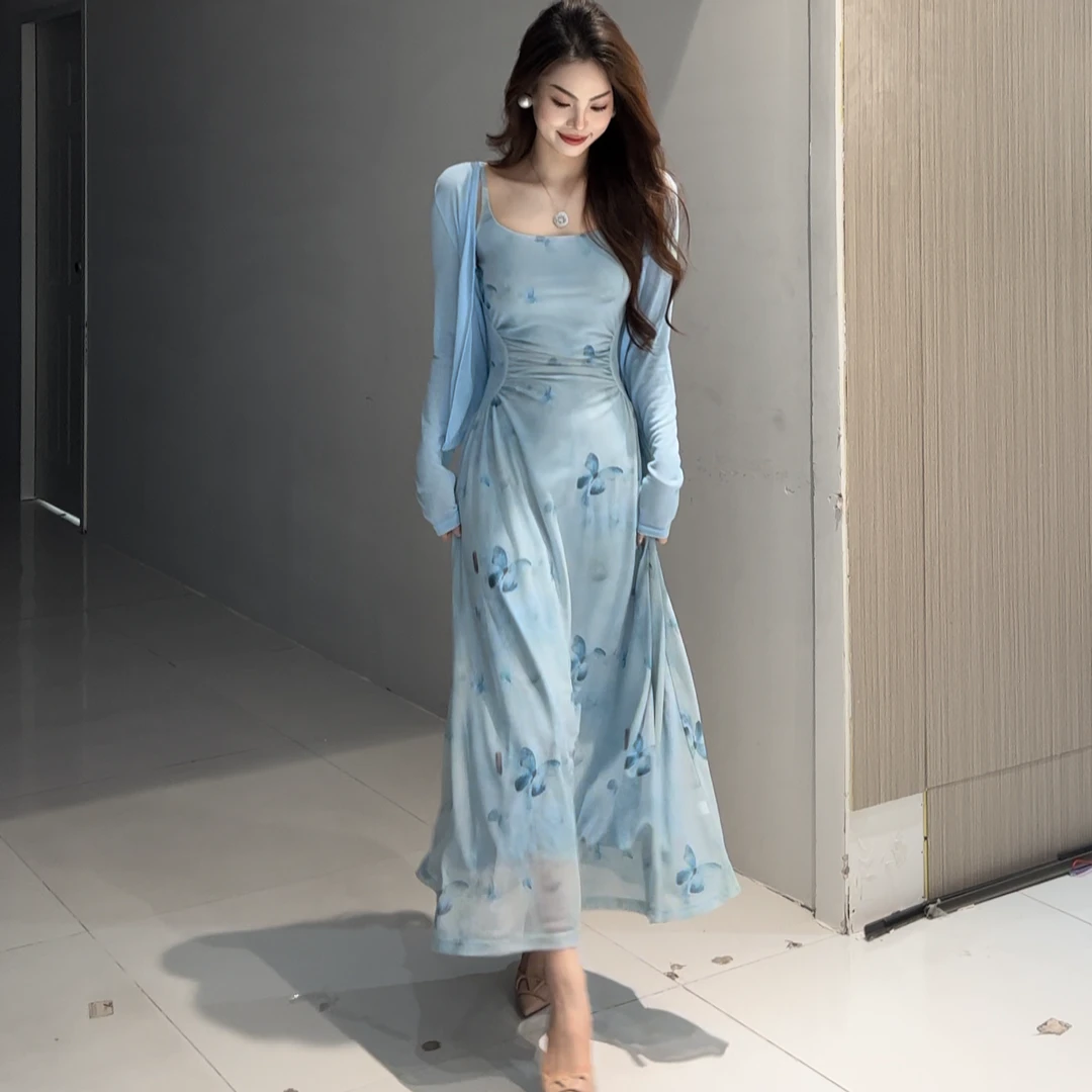 网纱印花蝴蝶吊带裙优雅时尚连衣裙短袖透气长裙搭配薄款同色开衫