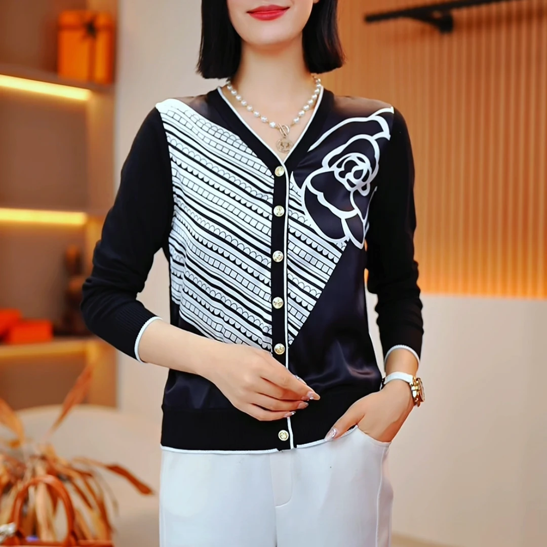 秋季新品黑色系列时尚百搭桑蚕丝印花女士休闲长袖开衫外套-257