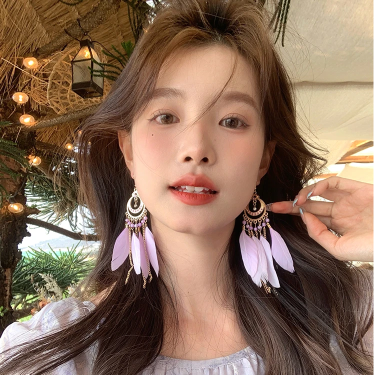 合金耳饰 温柔民族风浅紫色羽毛流苏耳环云南旅游百搭耳饰女