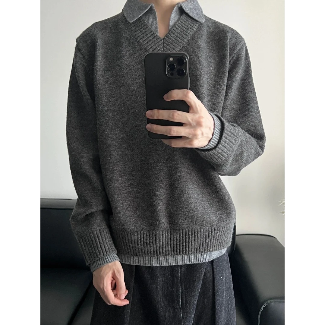 StaytheNight假两件V领仿羊绒polo氛围感老钱毛衣男生基础打底衫F