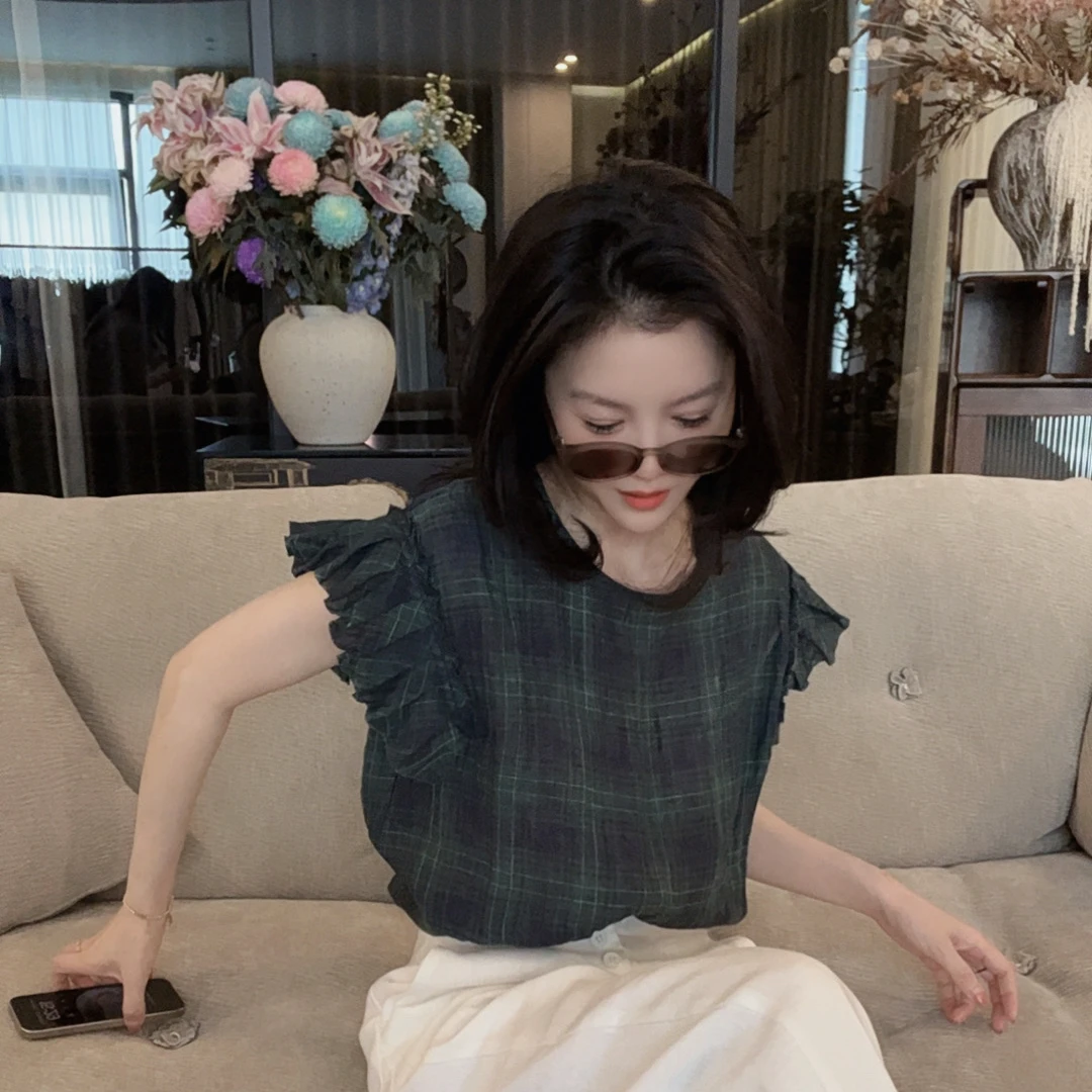 【悦悦专属】 复古设计感小众显瘦小飞袖格子上衣Y328