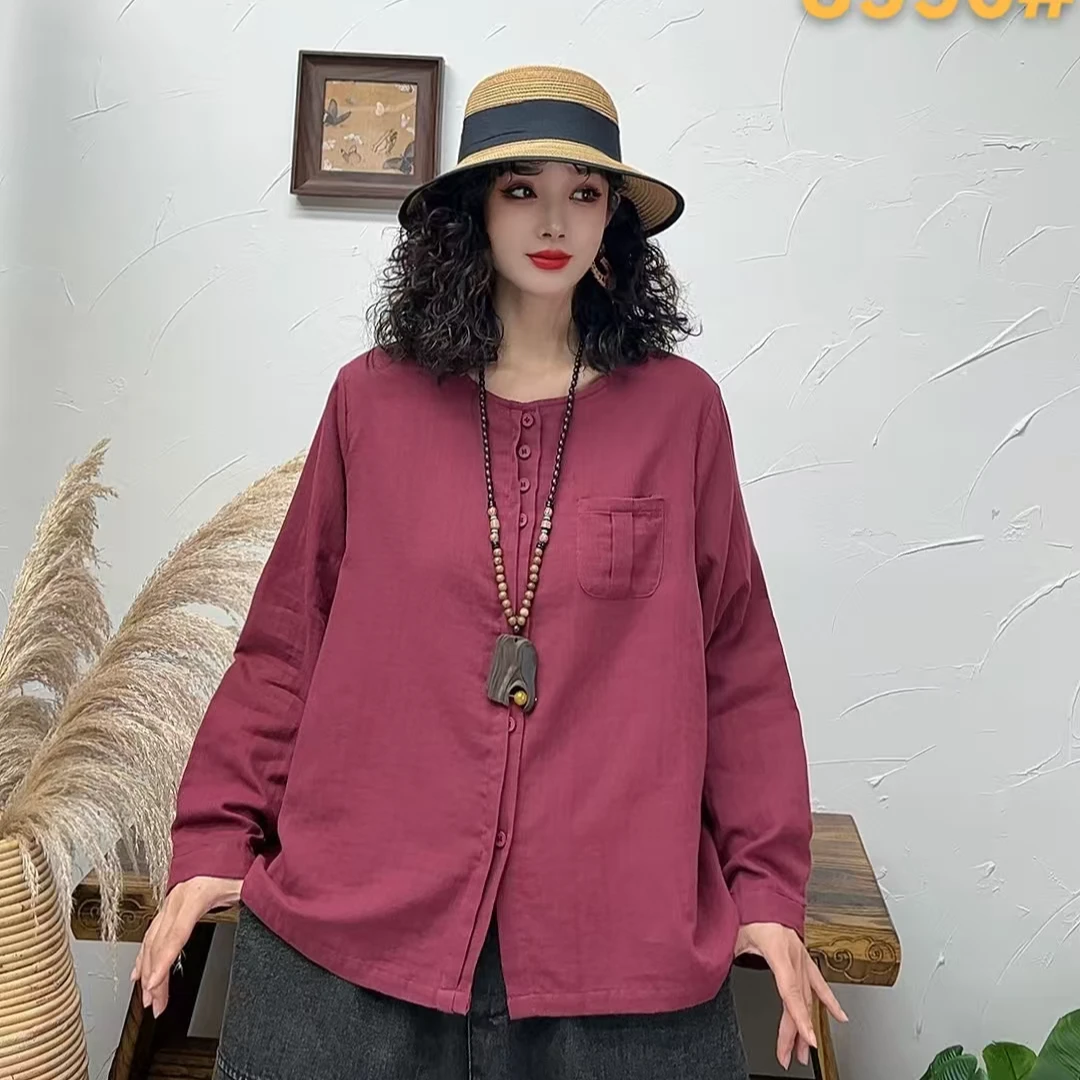 14750新款春秋休闲减龄百搭宽松显瘦纯色长袖衬衫