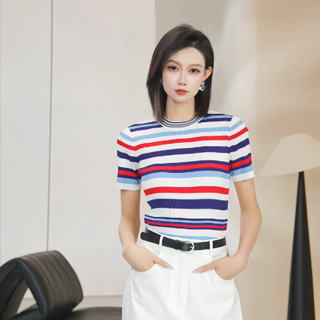 IDENTIFIES/易缔媤显瘦套头款修身型休闲圆领夏季拼色针织DE71084