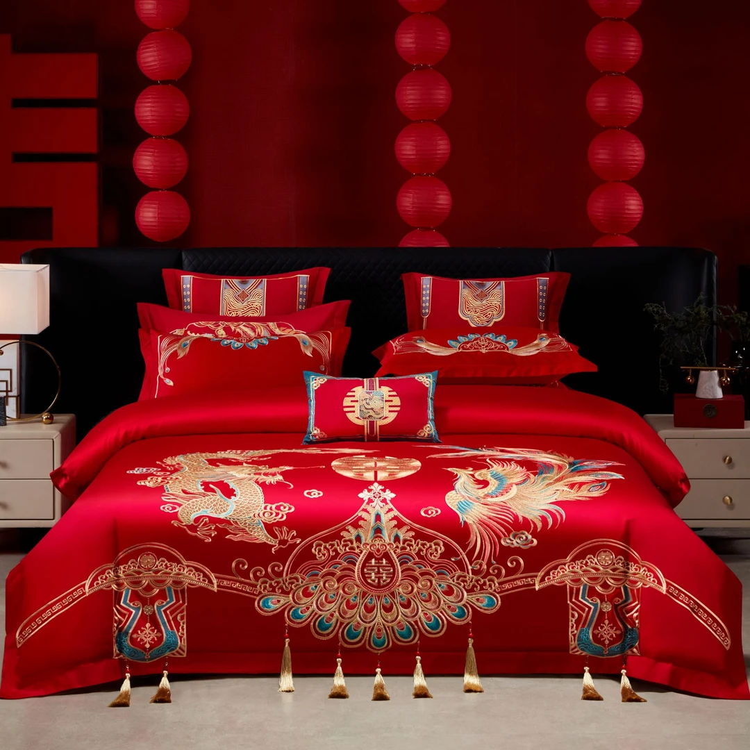 yy【龙凤天骄】高端刺绣婚庆结婚用品婚房四件套红色松弛感