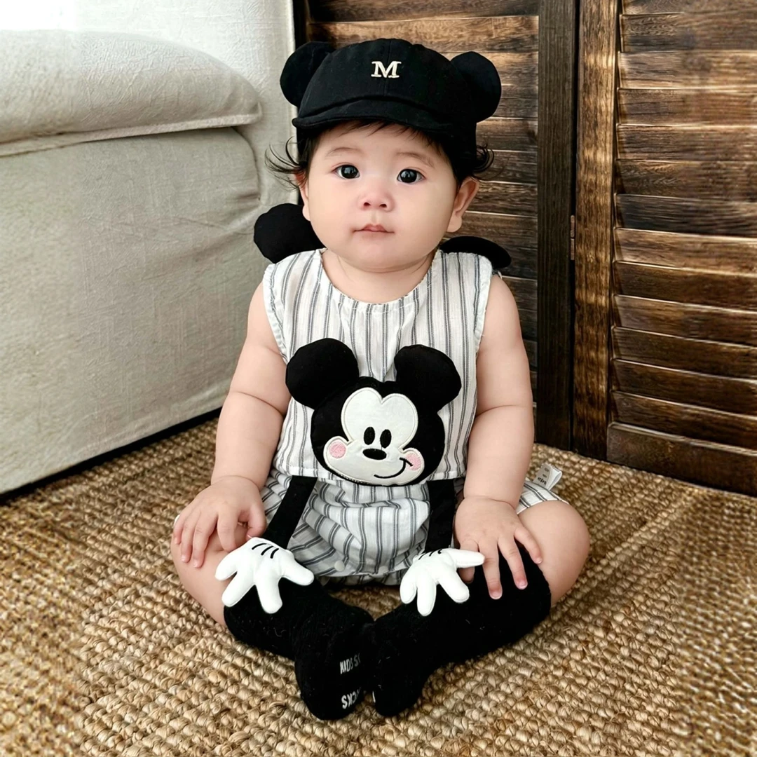 夏季米奇条纹连体哈衣无袖连体男女宝宝薄款卡通可爱婴幼爬服哈衣